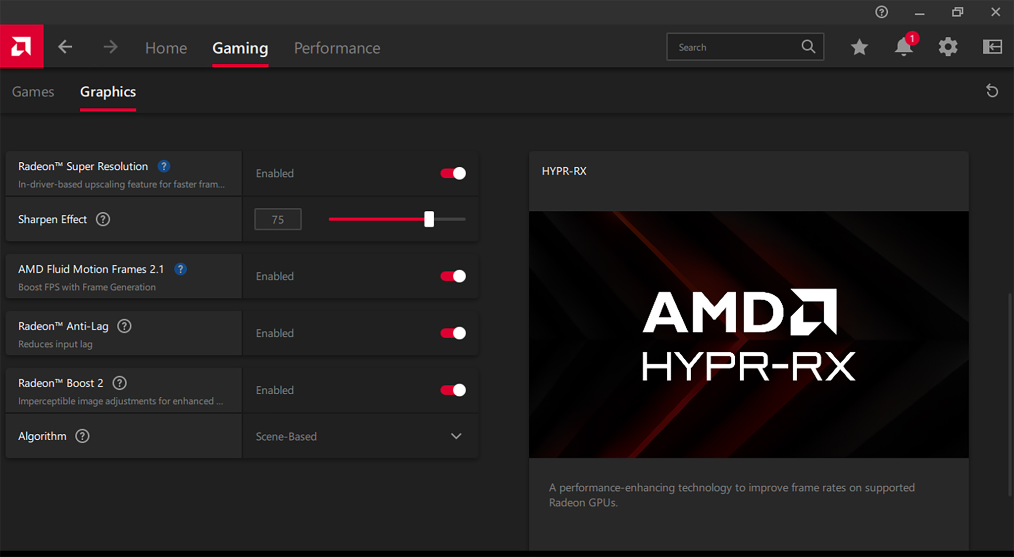 A screenshot showing HYPR-RX graphics features within AMD Software on Xbox Ally X.
