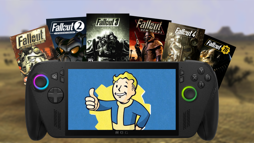 Fallout Games and their boxarts behind an Xbox Ally X with Pip Boy giving a thumbs up.