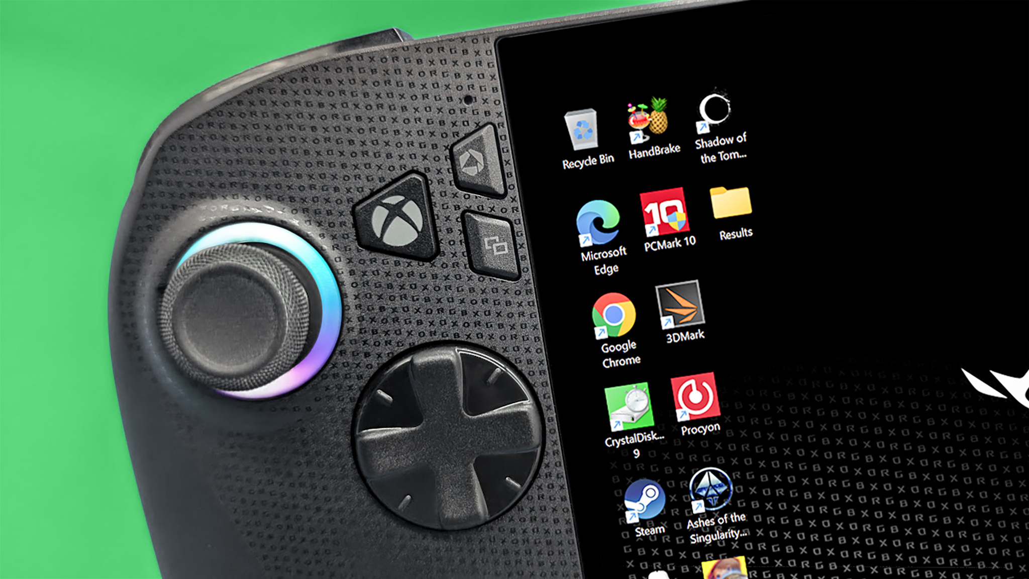 A closeup of the ROG Xbox Ally X's D-Pad, Xbox button, and joystick.