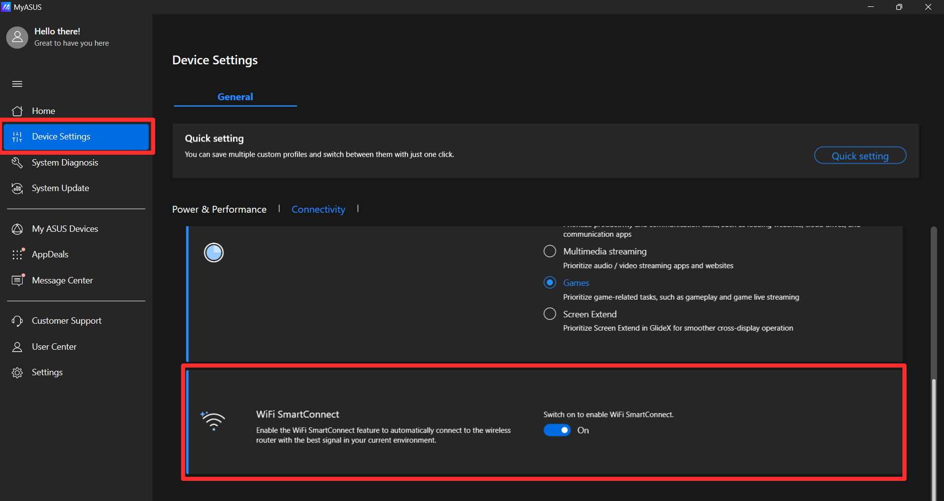 MyASUS app, enabling Wi-Fi Smartcheck