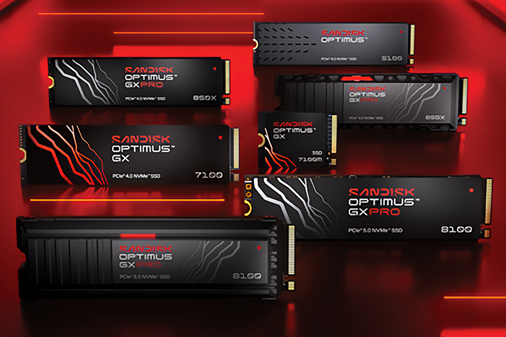 Seven SanDisk Optimus SSDs on a red background.