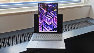 Photos and images of Lenovo's new concept laptop called the ThinkBook VertiFlex, which features a display that rotates from horizontal to vertical, were announced at IFA 2025 in Berlin, Germany.