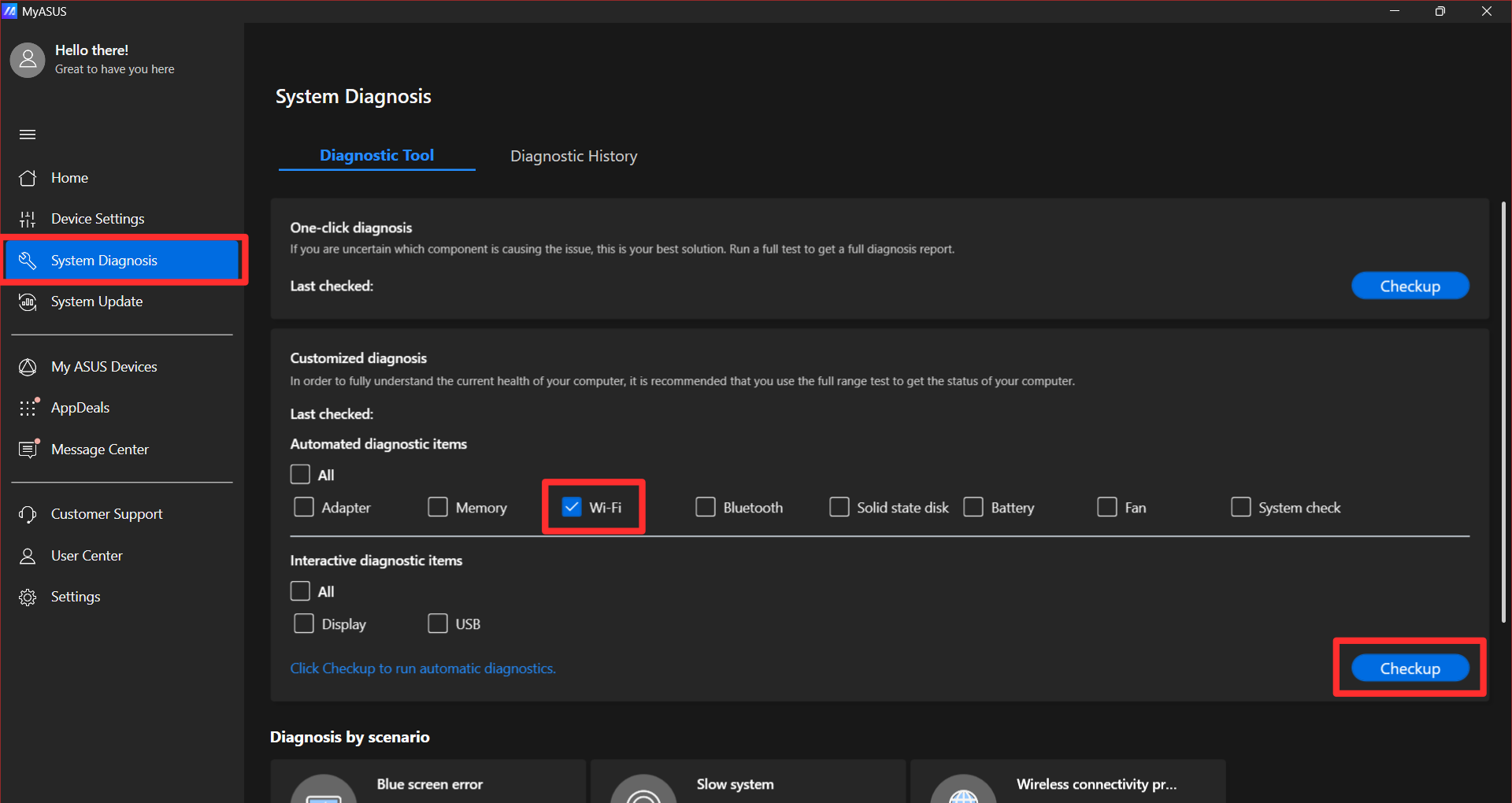 MyASUS app, System Diagnosis settings