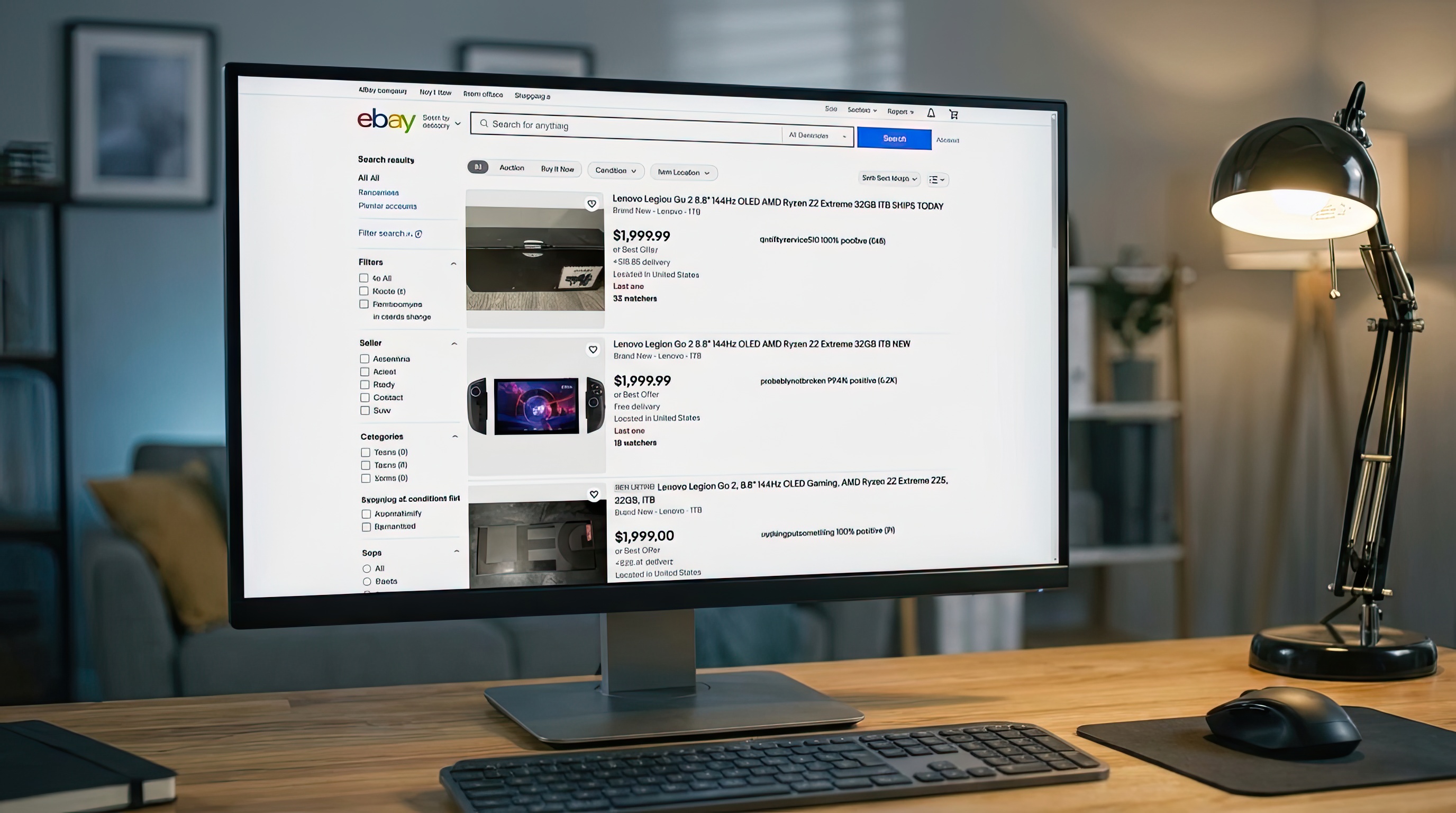 Screenshot of auctions on eBay for the Lenovo Legion Go 2
