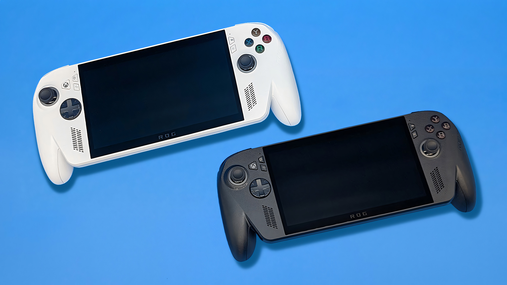The ROG Xbox Ally and Xbox Ally X on a blue background.