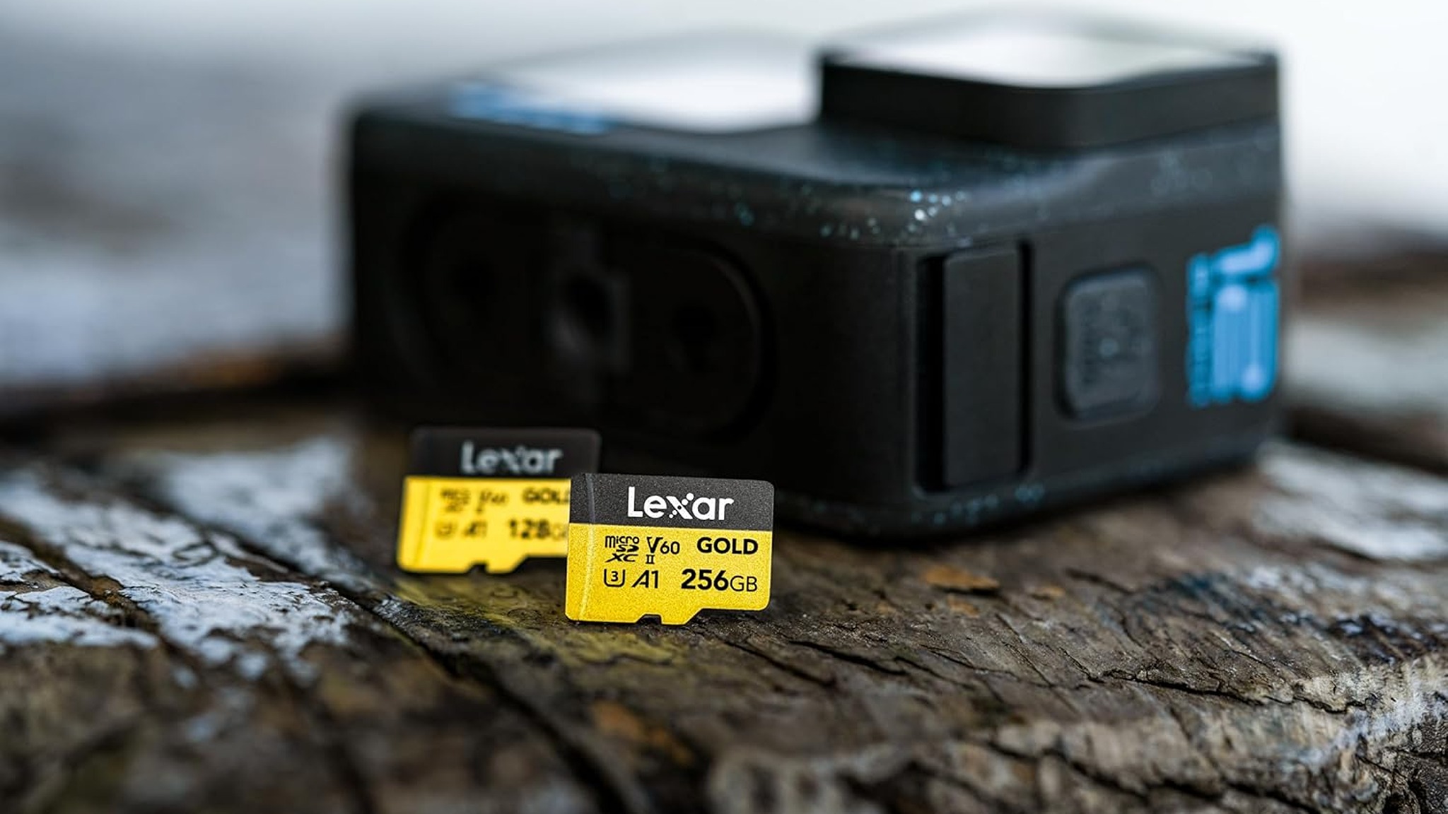 Promotional photograph of the Lexar Professional Gold microSD card.