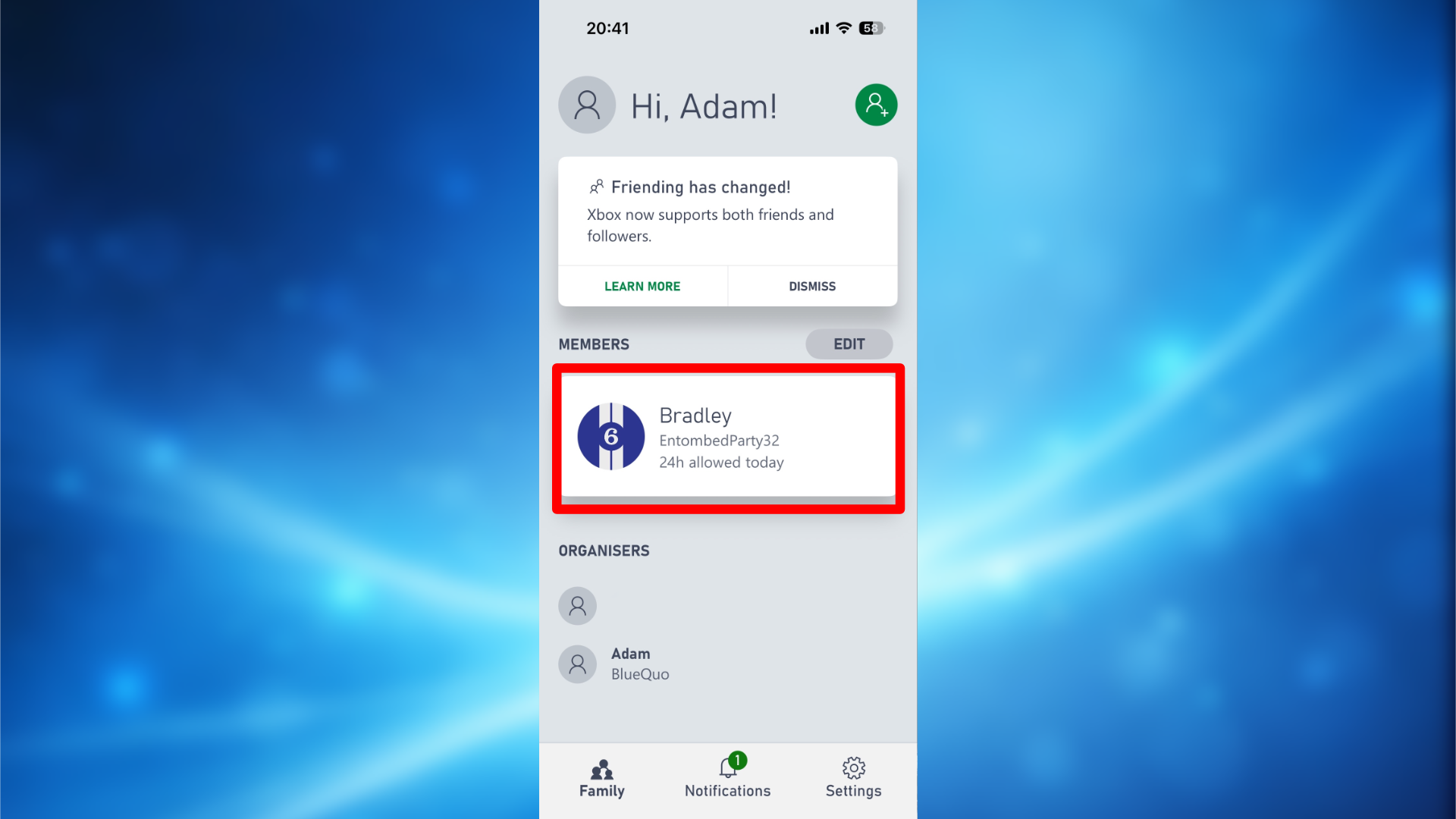 Screenshots of Xbox Family Settings app