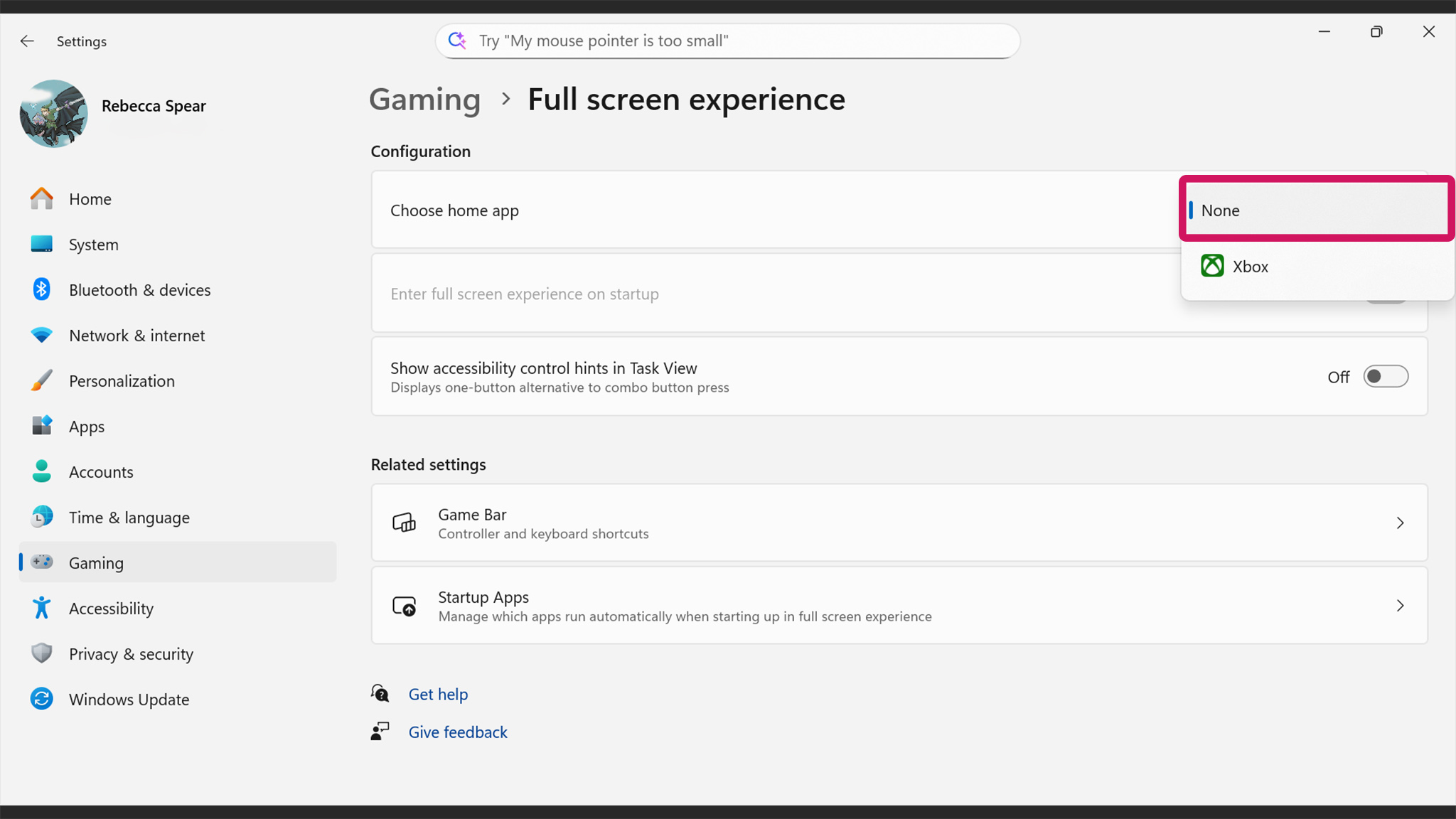 A Windows screenshot showing the Full Screen Experience menu and None selected as the chosen home app.