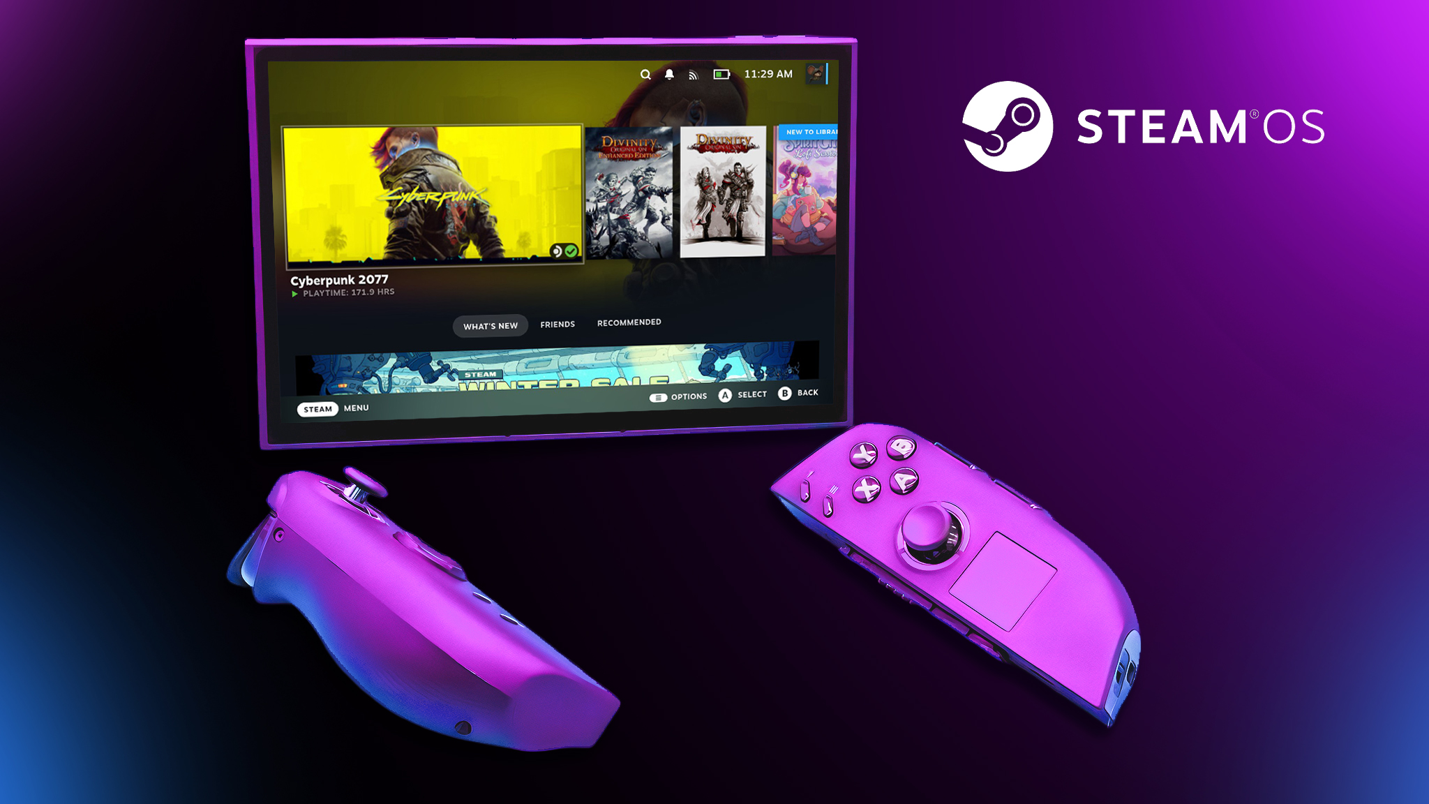 Legion Go 2 (SteamOS) with detached controllers showing SteamOS on screen.