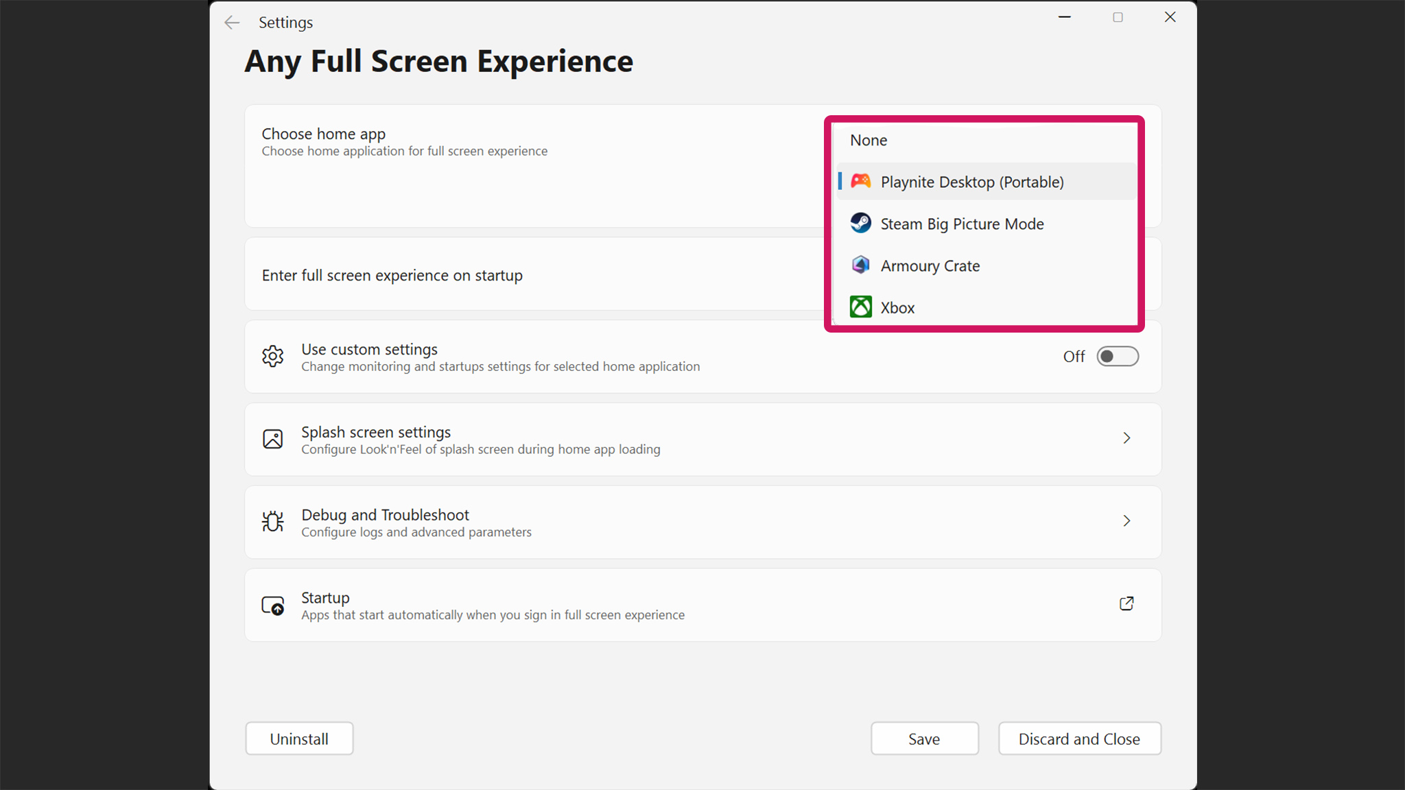 AnyFSE utility showing Playnite, Steam Big Picture Mode, Armoury Crate, and Xbox as options for the home app.