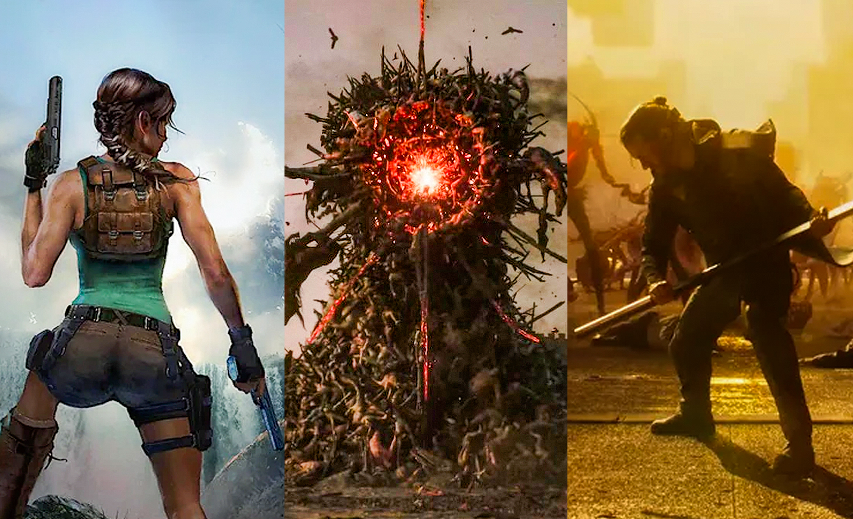 Lara Croft from Tomb Raider: Legacy of Atlantis holding her two guns, a strange fiery structure from Divinity, and Dylan Faden from Control Resonant. 