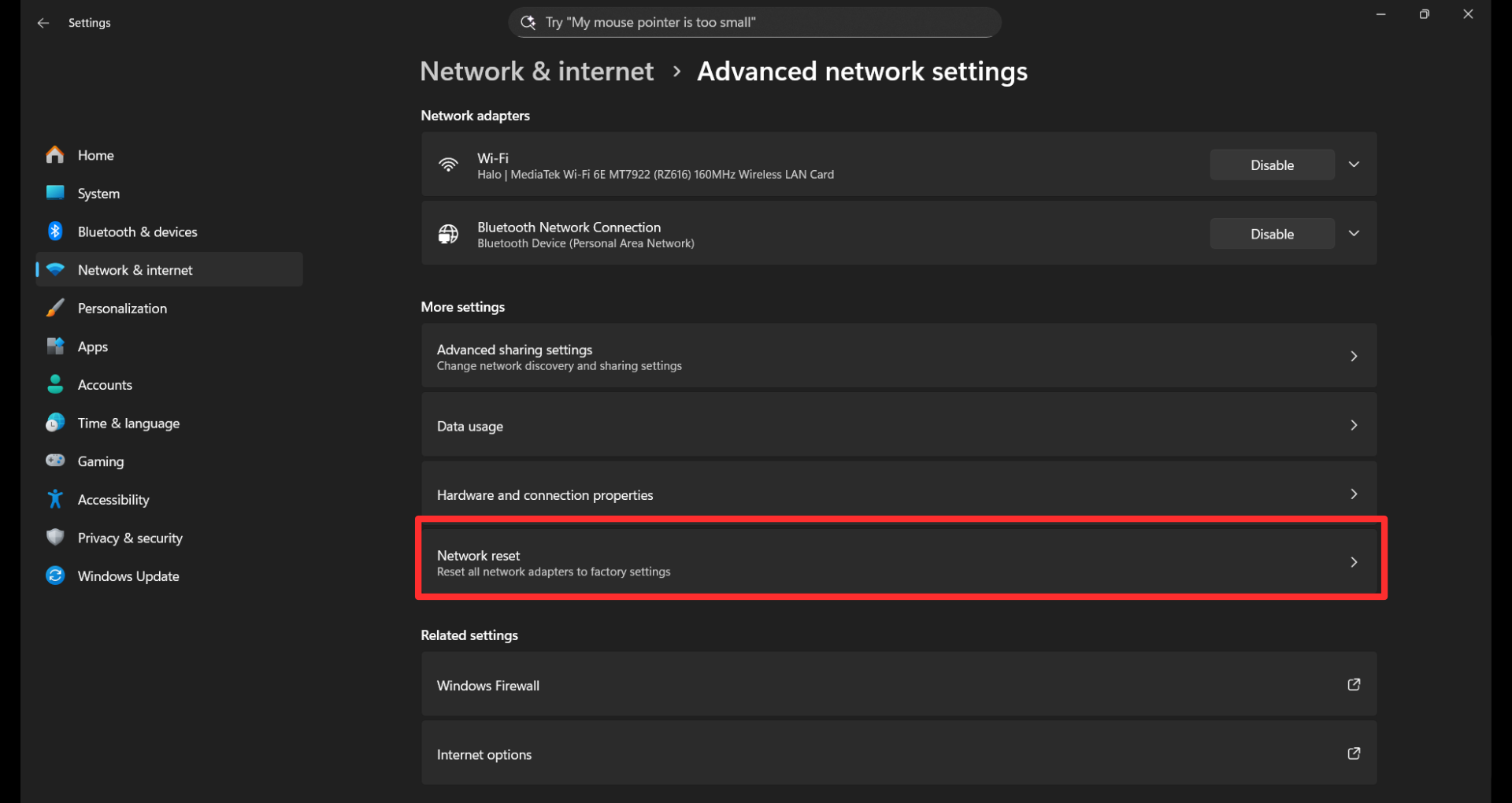 Network Reset option in Windows 11 Advanced Network settings