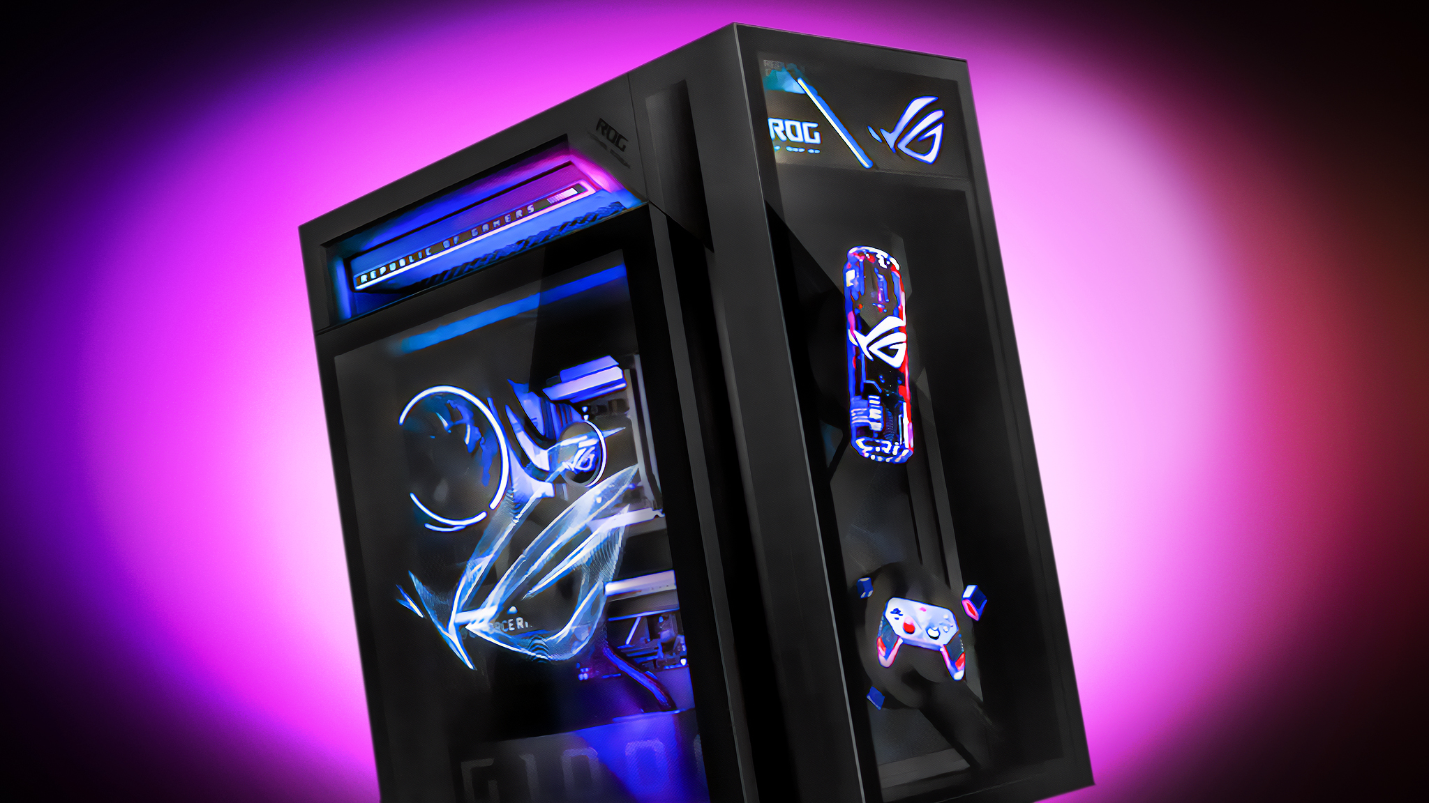 The ASUS ROG G1000 desktop with holographic soda can, controller, and ROG logo. 