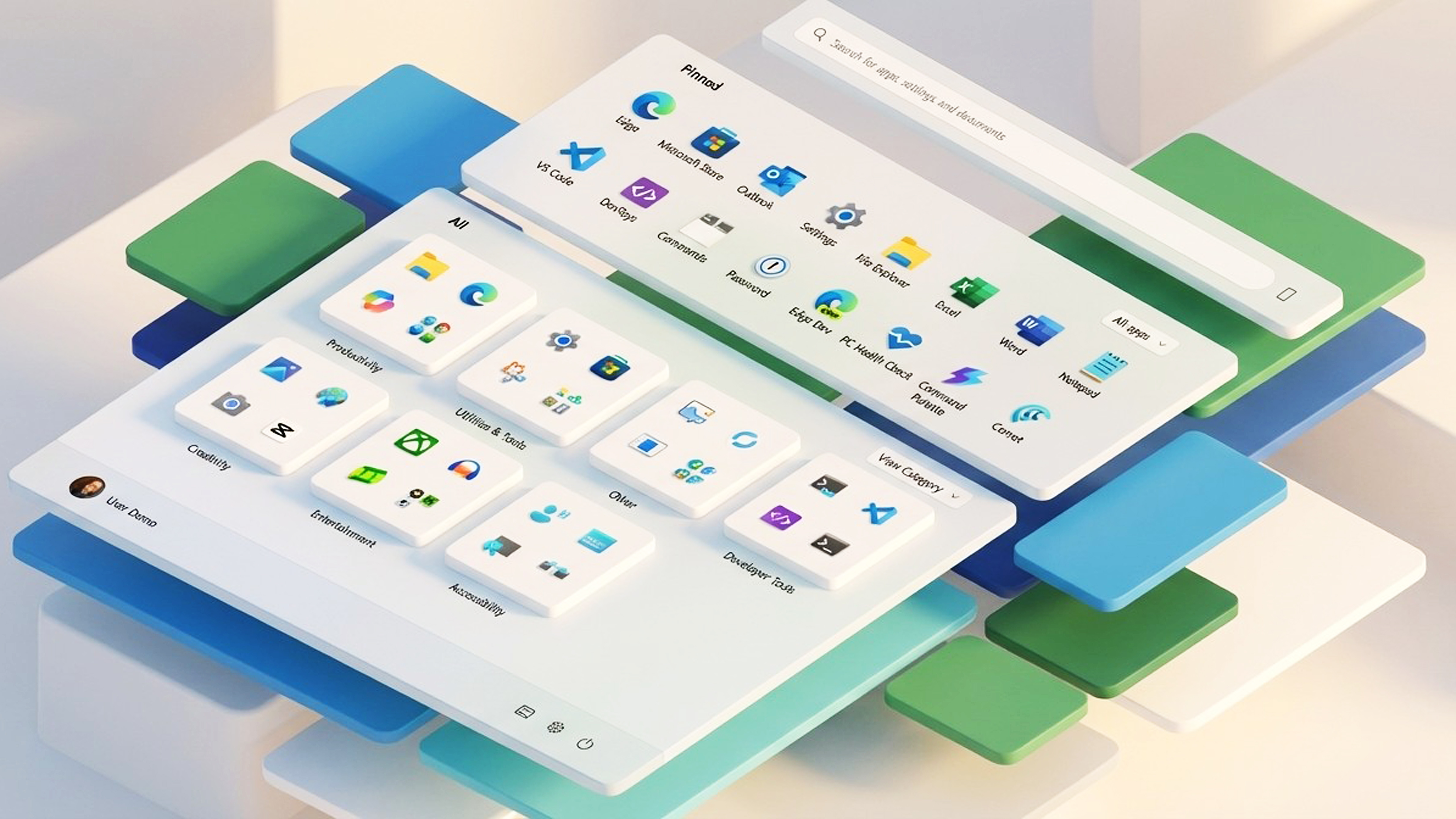 Images of the Windows 11 Start menu and icons
