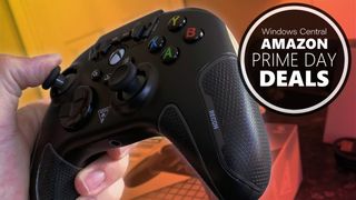 Turtle Beach Recon Xbox controller held in hand over an orange background with Amazon Prime Day deals logo