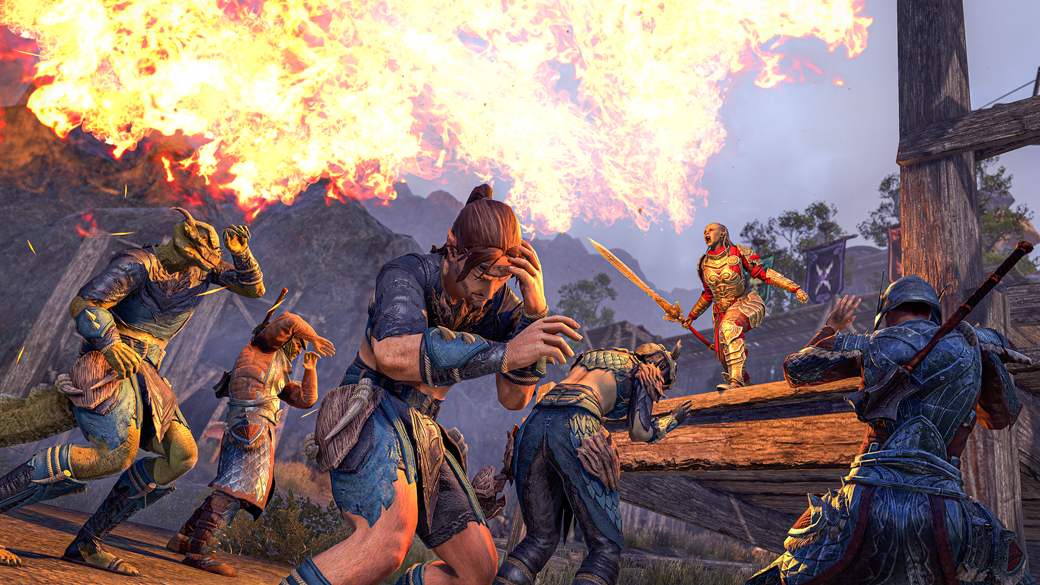 A screenshot from The Elder Scrolls Online showing a person breathing fire on a platform above other characters. 