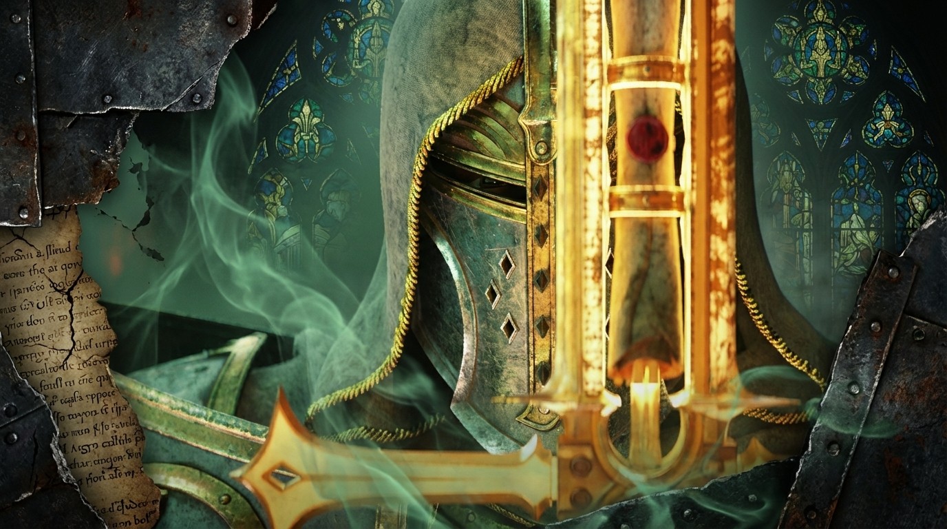 Hooded Paladin face covered by a sword