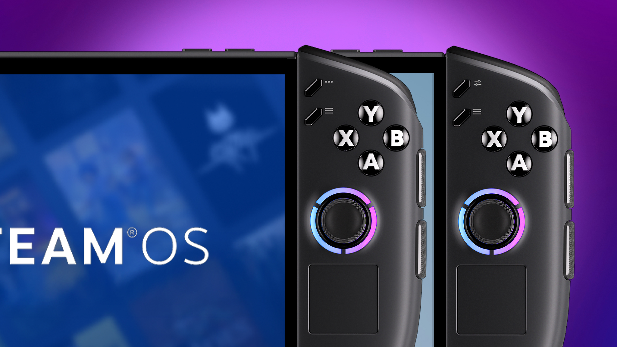 A closeup of the Legion Go 2 (SteamOS) and Legion Go 2 (Windows) buttons and joystick on the right side.