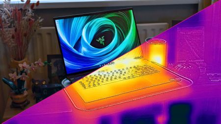 Razer Blade 18 (2025) gaming laptop seen half-and-half with a thermal imaging camera, with furniture in the background.