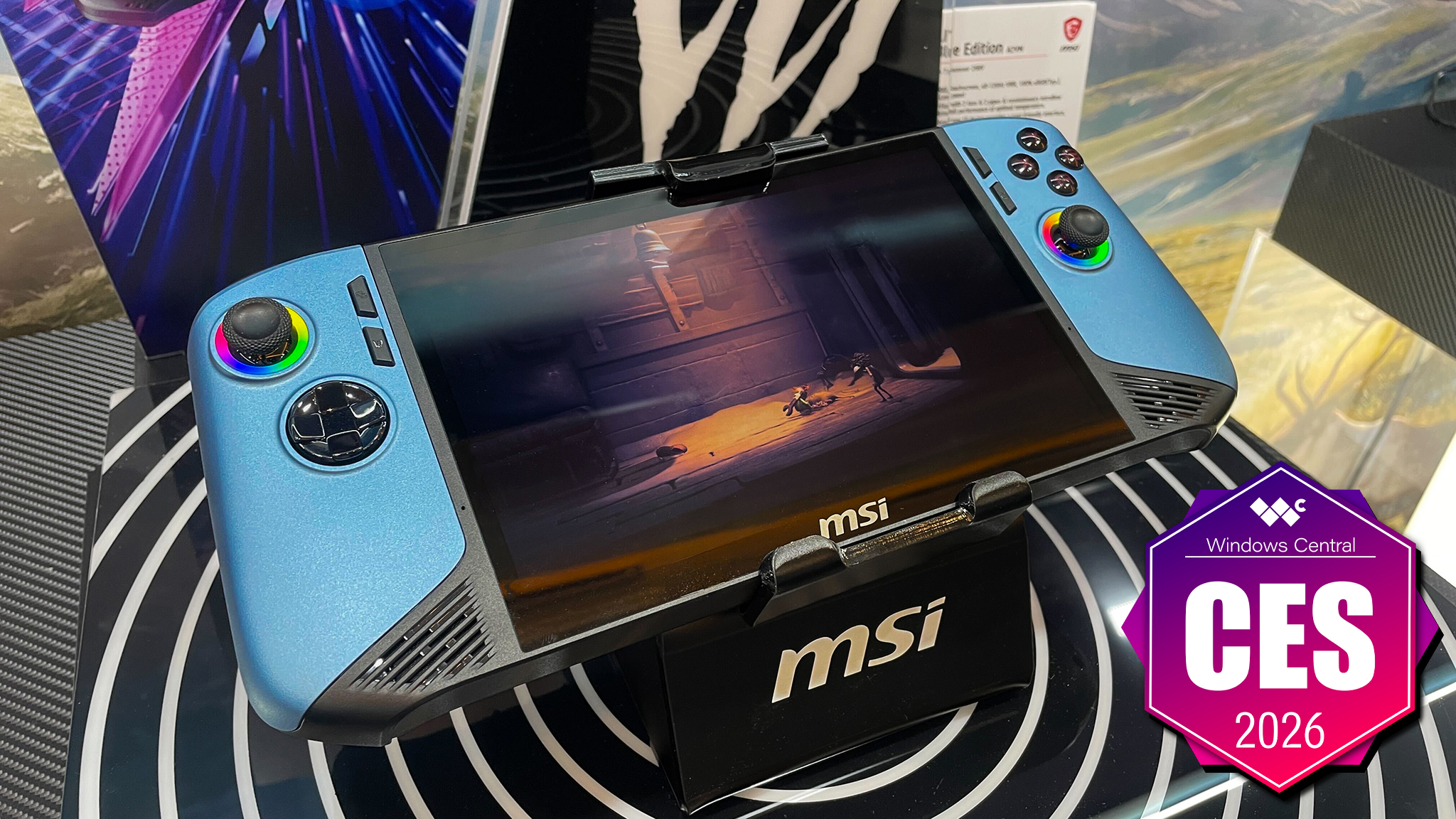 The MSI Claw A8 AI+ Glacier Blue Edition at its display during CES 2026. A graphic in the bottom right corner says "Windows Central CES 2026."