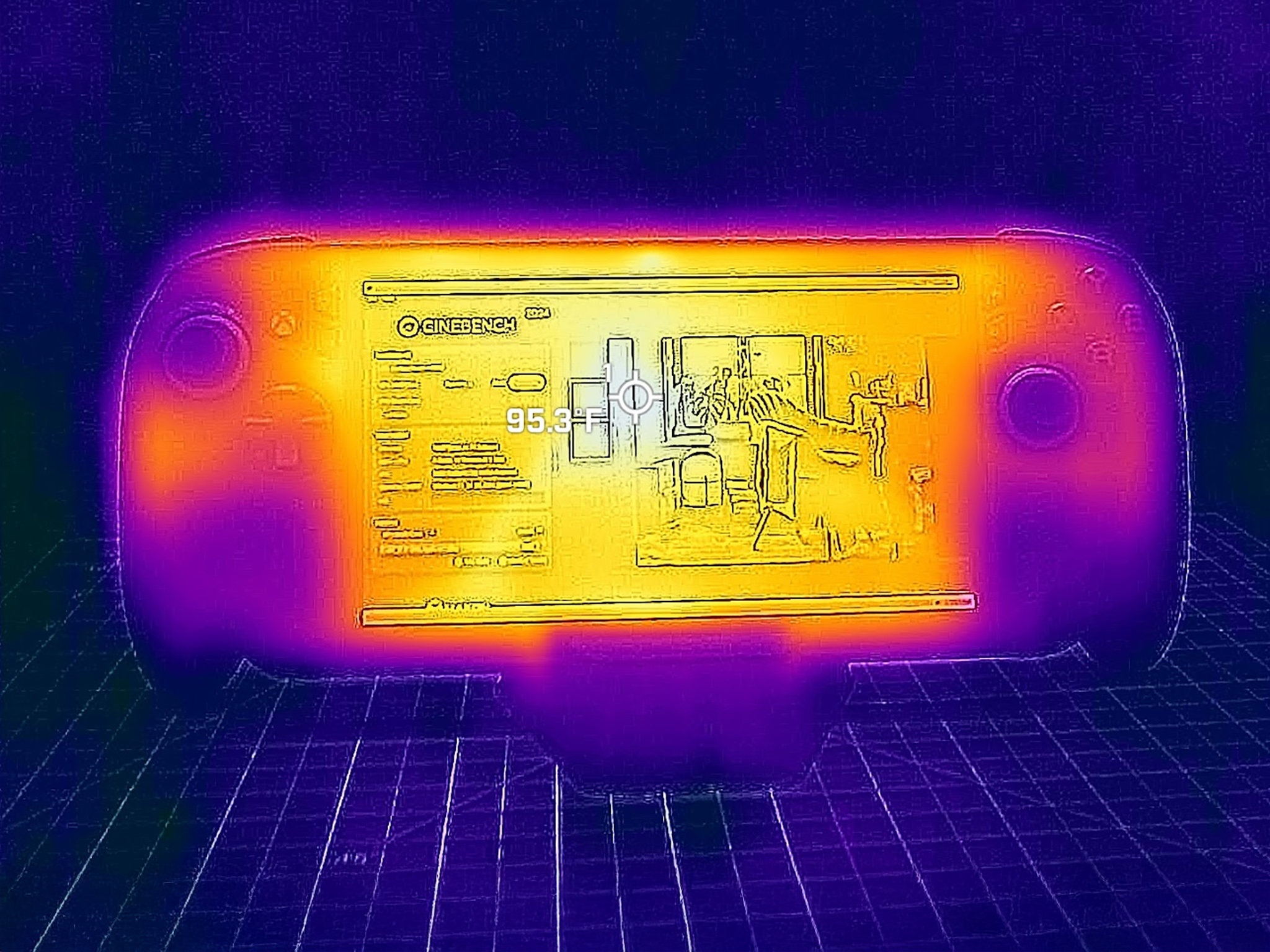 A picture taken with a thermal camera that shows that the ROG Xbox Ally X's screen reaches at 95 degrees F.