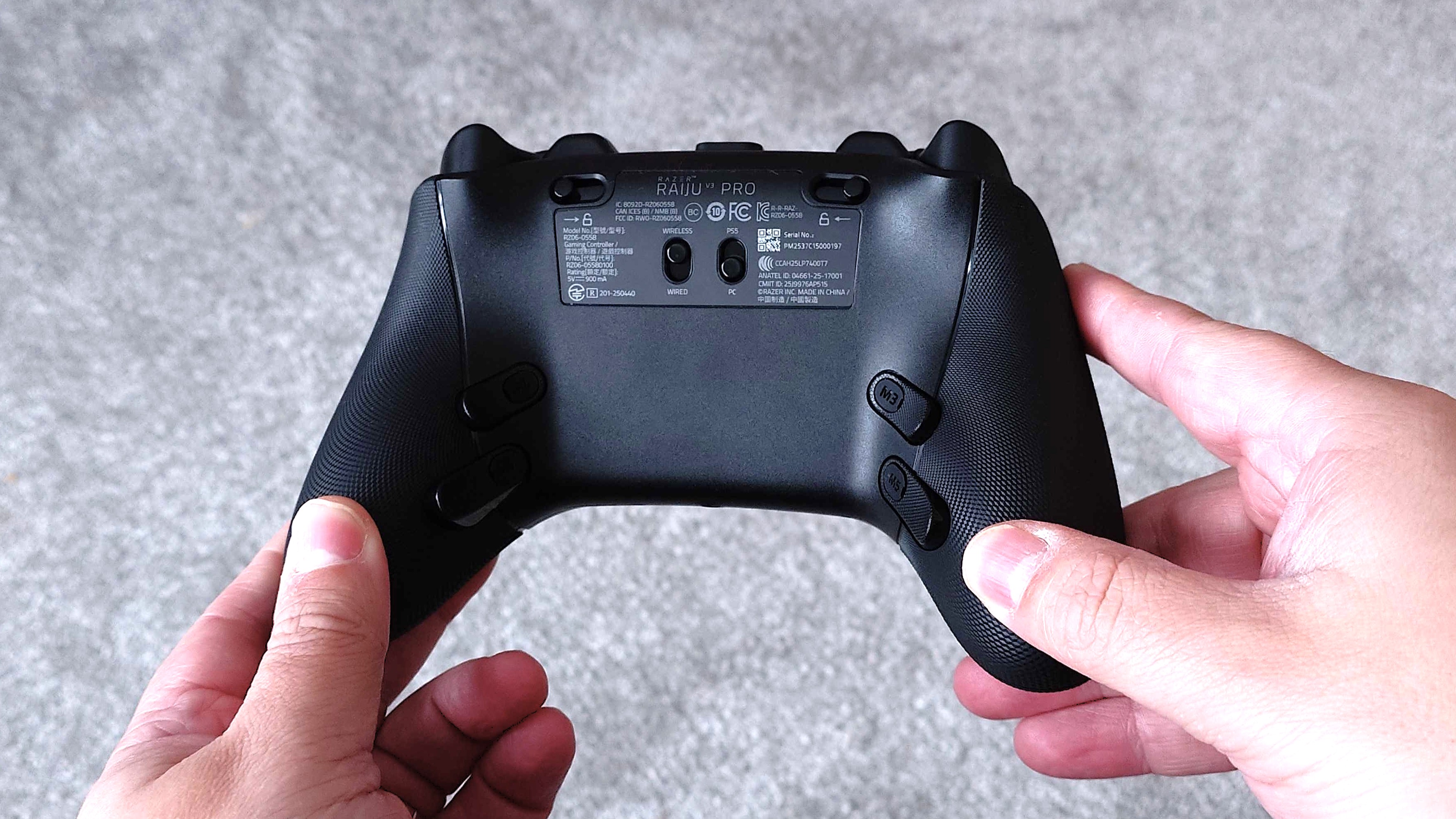 The rear of the Razer Raiju V3 Pro controller