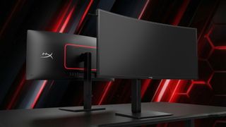 Render of the HyperX OMEN OLED 34 (G1) gaming monitor with red patterned background
