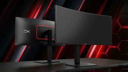 Render of the HyperX OMEN OLED 34 (G1) gaming monitor with red patterned background