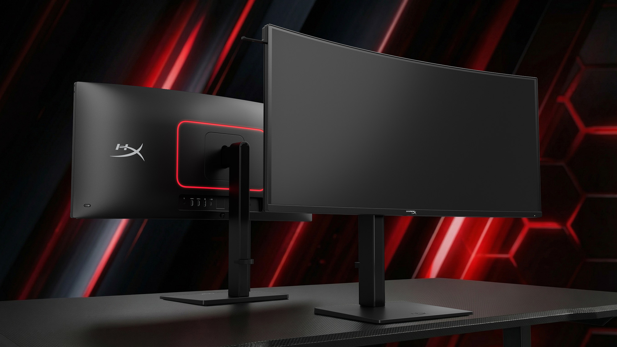 Render of the HyperX OMEN OLED 34 (G1) gaming monitor with red patterned background